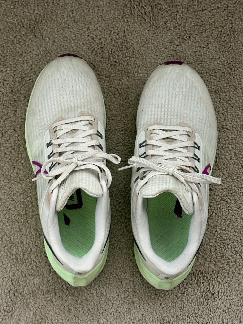 Womens Nike White Running Shoes with Green Insoles and Purple Accents